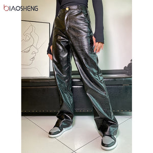 Faux Leather Pants Women's Pants High Waist Lady Loose Sexy Streetwear Fashion Elegant Straight leg Pants Female Trouser