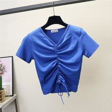 Load image into Gallery viewer, Female Cotton V-neck drawstring T-Shirt Short Sleeve Neck Summer Casual Solid T-Shirt High Waist Slim T-shirts for women