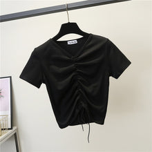 Load image into Gallery viewer, Female Cotton V-neck drawstring T-Shirt Short Sleeve Neck Summer Casual Solid T-Shirt High Waist Slim T-shirts for women