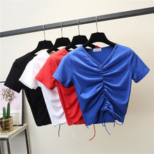 Load image into Gallery viewer, Female Cotton V-neck drawstring T-Shirt Short Sleeve Neck Summer Casual Solid T-Shirt High Waist Slim T-shirts for women