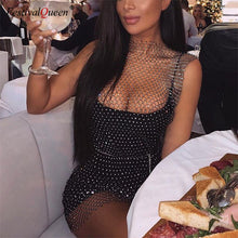 Load image into Gallery viewer, Festival Queen Bling Rhinestones White Black Mesh Hollow Out Dress Sexy Sleeveless Fishnet Bodycon Women Summer Party Dresses