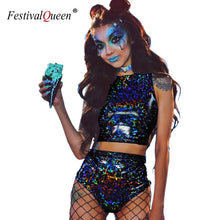 Load image into Gallery viewer, Festival Queen Holographic Crop Top and Hot Shorts Women 2 Piece Sets Sexy Lace Up Festival Party Rave Clothing Two Piece Set