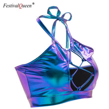 Load image into Gallery viewer, FestivalQueen 2019 Shiny Holographic Metallic Color Tank Tops Sexy Slim Backless Halter Street wear Crop Top for Women