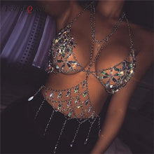 Load image into Gallery viewer, FestivalQueen Bling Metal Tassel Details Tank Tops Festival Rave Clothing Summer Sexy Backless Rave Body Chain Beach Tops 2018