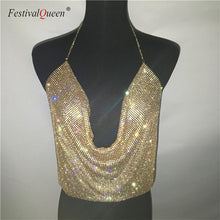 Load image into Gallery viewer, FestivalQueen Brilliant Rhinestone Backless Party Crop Top Women 2019 Summer Deep V Neck Night Club Diamonds Metal Tank Tops