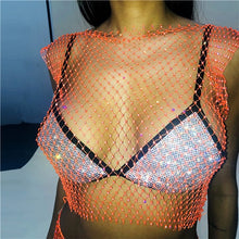 Load image into Gallery viewer, FestivalQueen Sexy Diamonds Mesh Cropped Tank Top Women Summer Cover Up Bikini See Through Rhinestone Net Party Club Crop Top