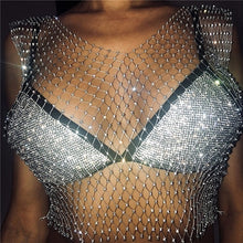Load image into Gallery viewer, FestivalQueen Sexy Diamonds Mesh Cropped Tank Top Women Summer Cover Up Bikini See Through Rhinestone Net Party Club Crop Top
