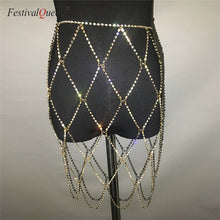 Load image into Gallery viewer, FestivalQueen Sexy Rhinestones Women Mini Skirt Shiny Fake Diamond Crystal Metal Chain Patchwork Short Skirt Silver Gold