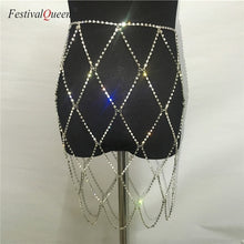 Load image into Gallery viewer, FestivalQueen Sexy Rhinestones Women Mini Skirt Shiny Fake Diamond Crystal Metal Chain Patchwork Short Skirt Silver Gold