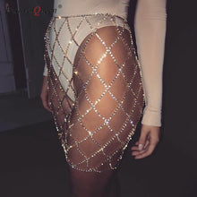 Load image into Gallery viewer, FestivalQueen Sexy Rhinestones Women Mini Skirt Shiny Fake Diamond Crystal Metal Chain Patchwork Short Skirt Silver Gold