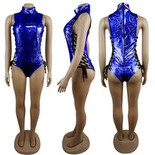 Load image into Gallery viewer, FestivalQueen Women Sexy Gray Holographic Bodysuit Rompers 2019 Party Musical Festival Rave Bodycon Lace Up Bodysuits for Lady