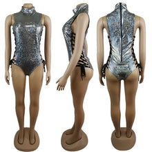 Load image into Gallery viewer, FestivalQueen Women Sexy Gray Holographic Bodysuit Rompers 2019 Party Musical Festival Rave Bodycon Lace Up Bodysuits for Lady
