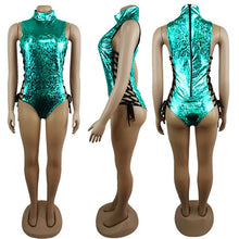 Load image into Gallery viewer, FestivalQueen Women Sexy Gray Holographic Bodysuit Rompers 2019 Party Musical Festival Rave Bodycon Lace Up Bodysuits for Lady