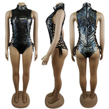 Load image into Gallery viewer, FestivalQueen Women Sexy Gray Holographic Bodysuit Rompers 2019 Party Musical Festival Rave Bodycon Lace Up Bodysuits for Lady