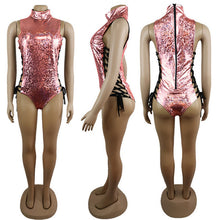 Load image into Gallery viewer, FestivalQueen Women Sexy Gray Holographic Bodysuit Rompers 2019 Party Musical Festival Rave Bodycon Lace Up Bodysuits for Lady