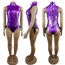 Load image into Gallery viewer, FestivalQueen Women Sexy Gray Holographic Bodysuit Rompers 2019 Party Musical Festival Rave Bodycon Lace Up Bodysuits for Lady