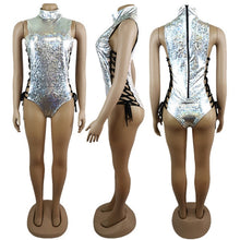 Load image into Gallery viewer, FestivalQueen Women Sexy Gray Holographic Bodysuit Rompers 2019 Party Musical Festival Rave Bodycon Lace Up Bodysuits for Lady