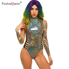 Load image into Gallery viewer, FestivalQueen Women Sexy Gray Holographic Bodysuit Rompers 2019 Party Musical Festival Rave Bodycon Lace Up Bodysuits for Lady