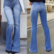 Load image into Gallery viewer, Flare Faux Jeans Pants Women Thin Vintage Denim Ladies High Waist Stretch Pocket Trousers Wide Leg Jeans