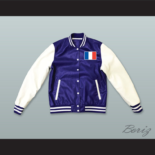 France Blue and White Lab Leather Varsity Letterman Jacket