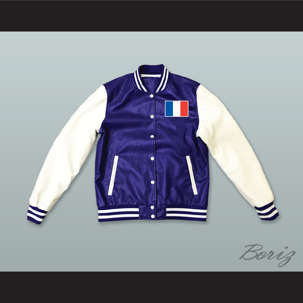 France Blue and White Lab Leather Varsity Letterman Jacket