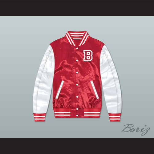Fredo Bang No Security Red and White Varsity Letterman Satin Bomber Jacket