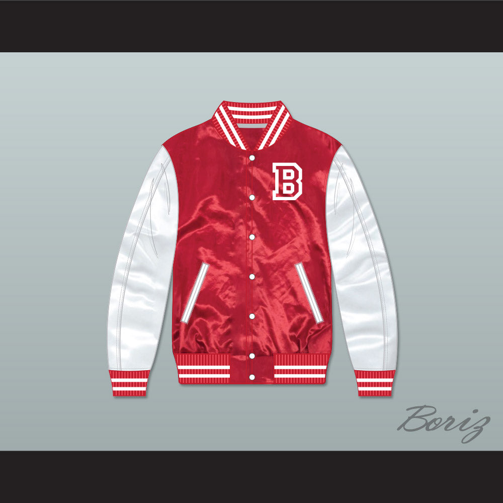 Fredo Bang No Security Red and White Varsity Letterman Satin Bomber Jacket