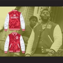 Load image into Gallery viewer, Fredo Bang No Security Red and White Varsity Letterman Satin Bomber Jacket