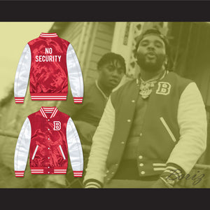 Fredo Bang No Security Red and White Varsity Letterman Satin Bomber Jacket
