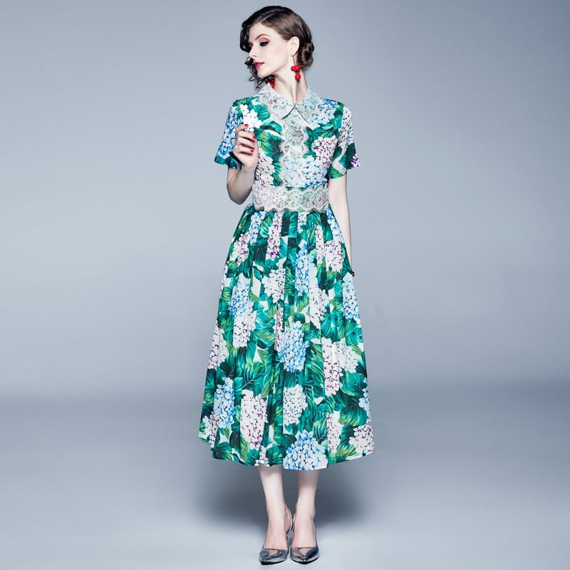 French small printed lace Europe will spot the retro temperament print dress with short sleeves