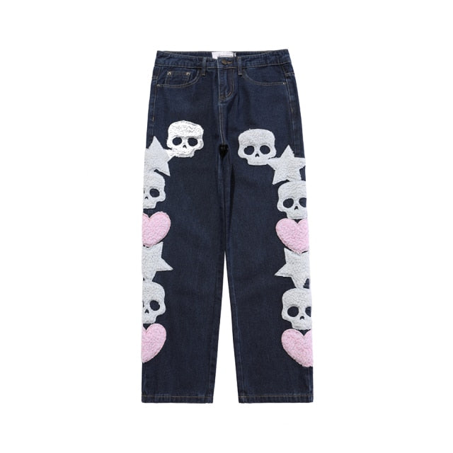 Furry Skull Letter Star Patches Denim Pants Winter Spring High Street Punk Goth Gothic Jeans Women Trousers Couple Streetwear