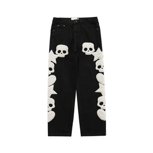 Furry Skull Letter Star Patches Denim Pants Winter Spring High Street Punk Goth Gothic Jeans Women Trousers Couple Streetwear