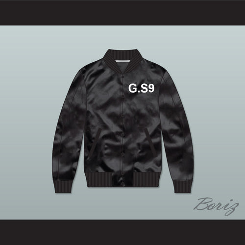 G.S9 Black Varsity Letterman Satin Bomber Jacket