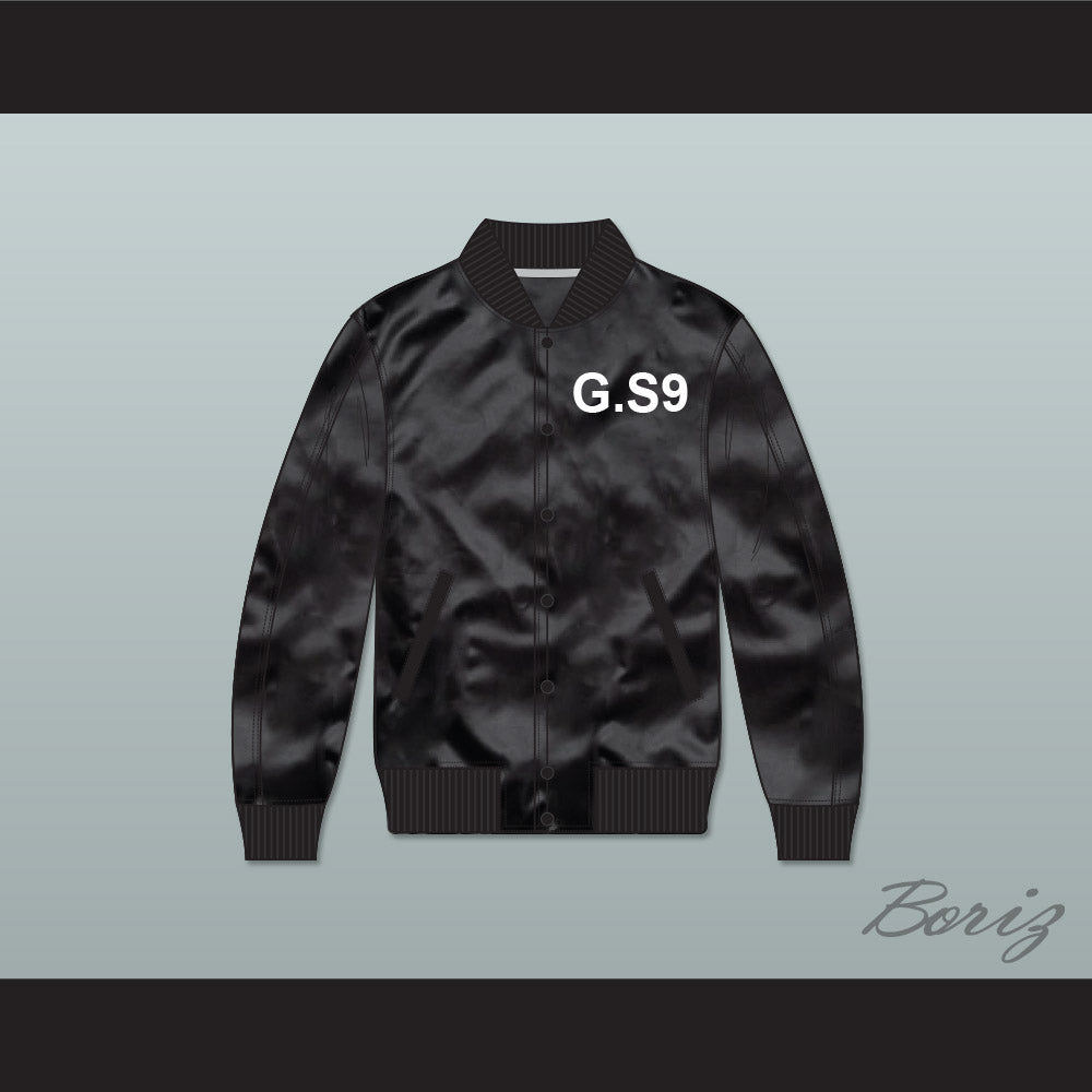 G.S9 Black Varsity Letterman Satin Bomber Jacket