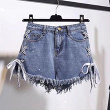 Load image into Gallery viewer, GAOKE Sexy Summer Women Denim Shorts 2020 New Black High Waist Ripped Short Jeans Femmen Side Lace Up Bandage Shorts New