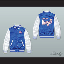 Load image into Gallery viewer, Good Burger Blue/ White Varsity Letterman Satin Bomber Jacket