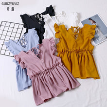 Load image into Gallery viewer, GUUZYUVIZ Solid Tops Mujer Verano 2019 Casual Ruffles V-neck Bandage Sleeveless Tank Top Women White Camiseta Tirantes Mujer