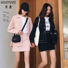 Load image into Gallery viewer, GUUZYUVIZ Women Denim Suit Pink Black Casual Chic Jeans Jacket Coat And High Waist Bodycon Skirt Womens 2 Piece Set 2018 Winter