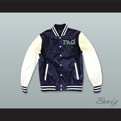 Gamma Alpha Omega Sorority Navy Blue and White Lab Leather Varsity Letterman Jacket