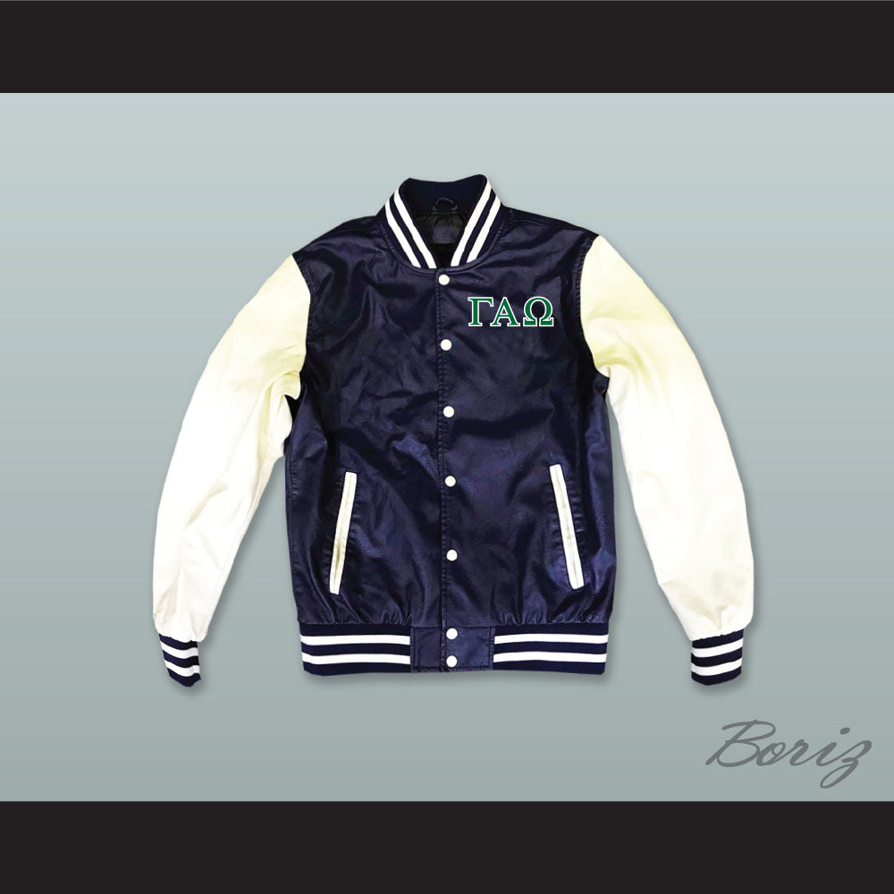 Gamma Alpha Omega Sorority Navy Blue and White Lab Leather Varsity Letterman Jacket