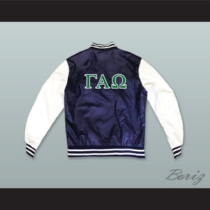 Gamma Alpha Omega Sorority Navy Blue and White Lab Leather Varsity Letterman Jacket