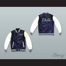 Load image into Gallery viewer, Gamma Alpha Omega Sorority Navy Blue and White Lab Leather Varsity Letterman Jacket