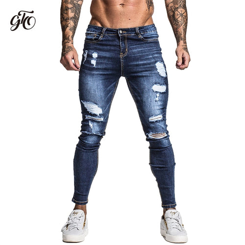 Gingtto Men's Skinny Stretch Repaired Jeans Dark Blue Hip Hop Distressed Super Skinny Slim Fit Cotton Comfortable Big Size zm34