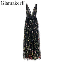 Load image into Gallery viewer, Glamaker Mesh vintage floral embroidery maxi dress Women summer backless beach black dress Sexy v neck elegant long party dress