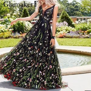 Glamaker Mesh vintage floral embroidery maxi dress Women summer backless beach black dress Sexy v neck elegant long party dress