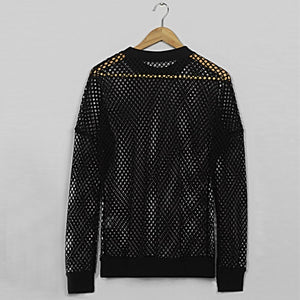 Gothic Hollow Out Mens Summer Long Sleeve T-shirt High Street Fishing Net See Through Sexy Male Tops Tees Casual Breathable Top