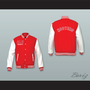 Grand Lakes University Hooters Red Wool and White Lab Leather Varsity Letterman Jacket