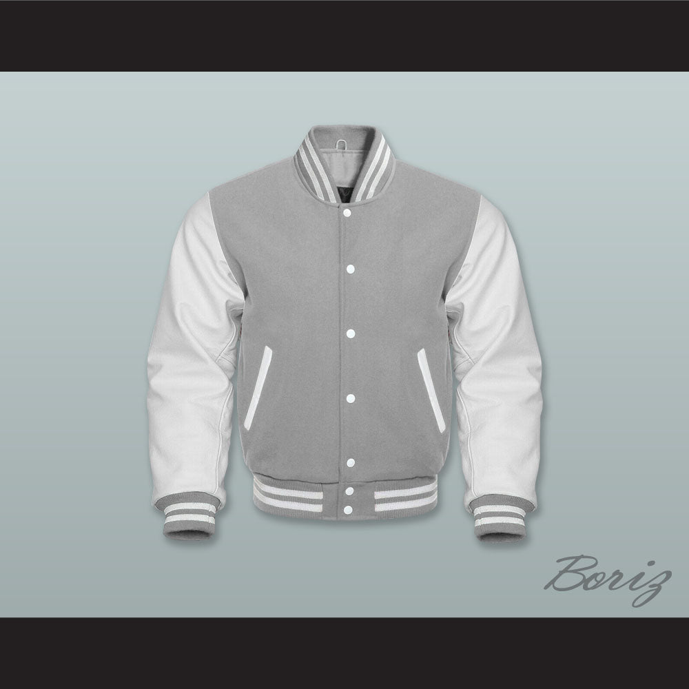 Gray Wool and White Lab Leather Varsity Letterman Jacket