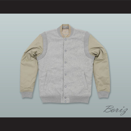 Light Gray and Tan Varsity Letterman Jacket-Style Sweatshirt
