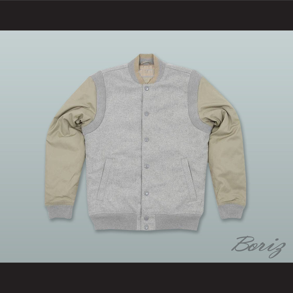 Light Gray and Tan Varsity Letterman Jacket-Style Sweatshirt